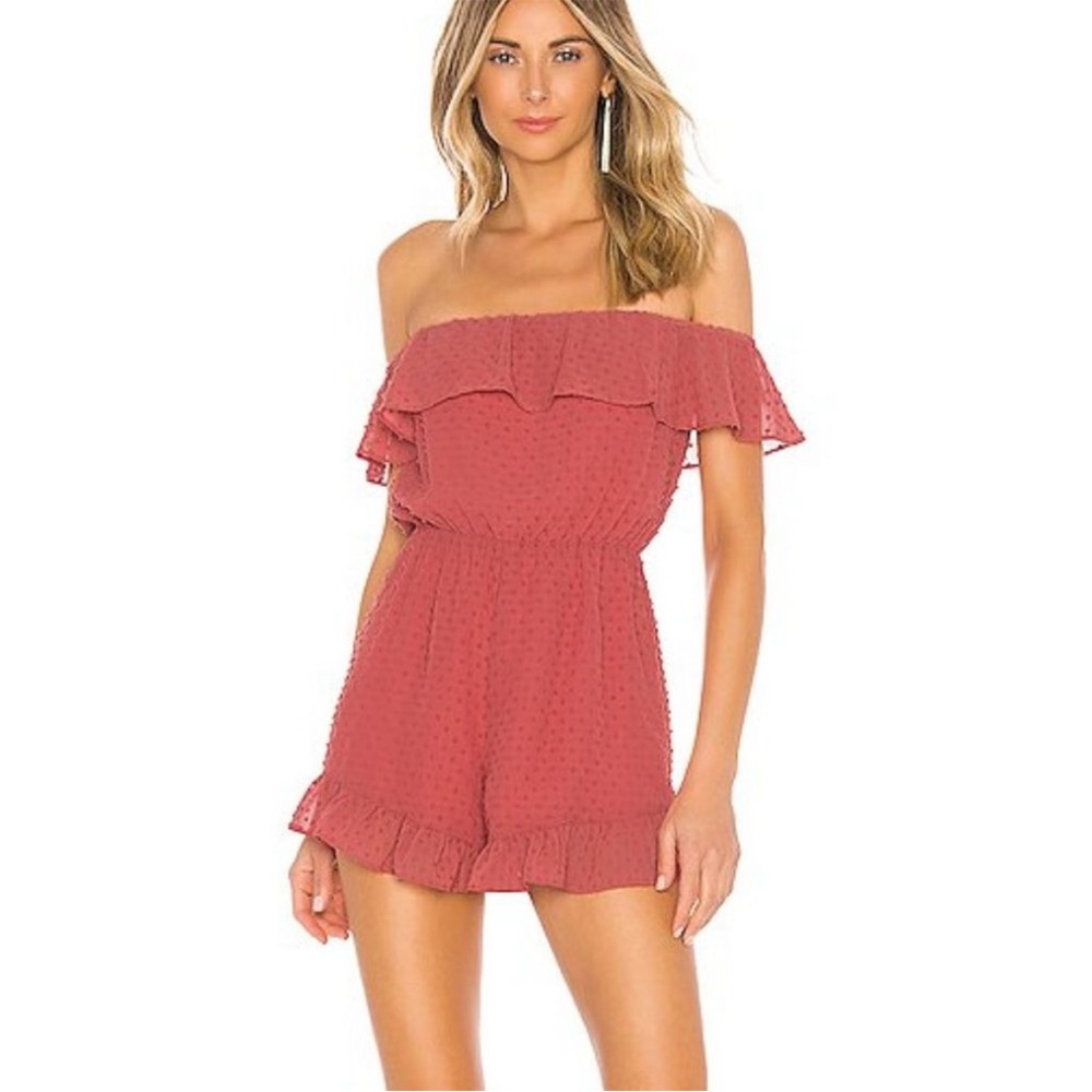 Lovers and friends dusty pink Quincy Swiss dot ruffle off the shoulder romper
